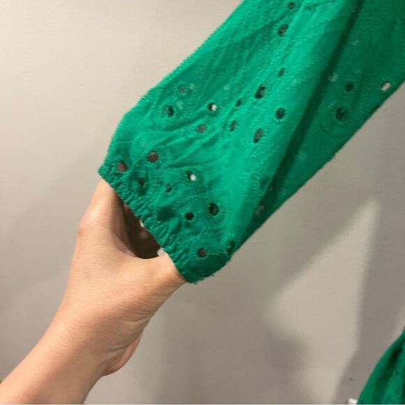 Green Eyelet Button-Up long sleeve mini Dress - Picture 3 of 10